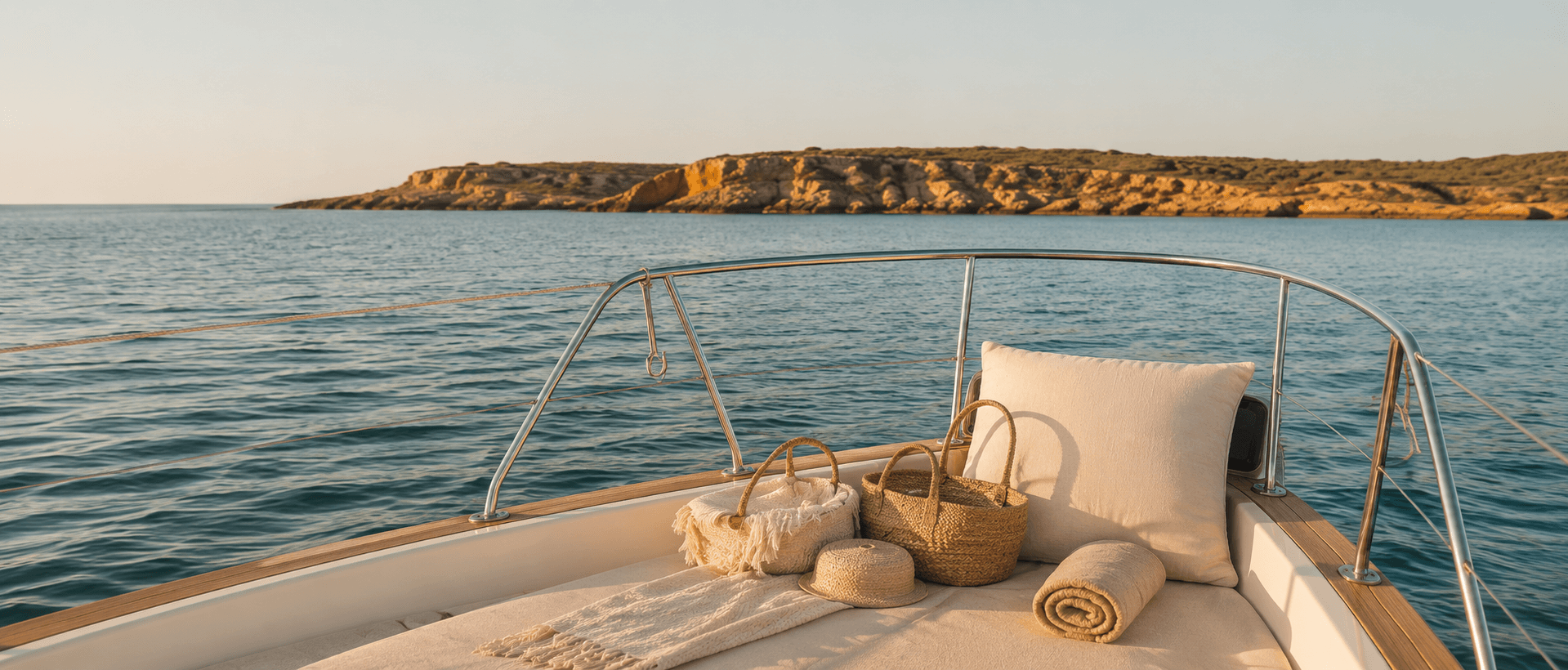 Proa de un barco privado con cojines y cestas frente a la costa de Formentera