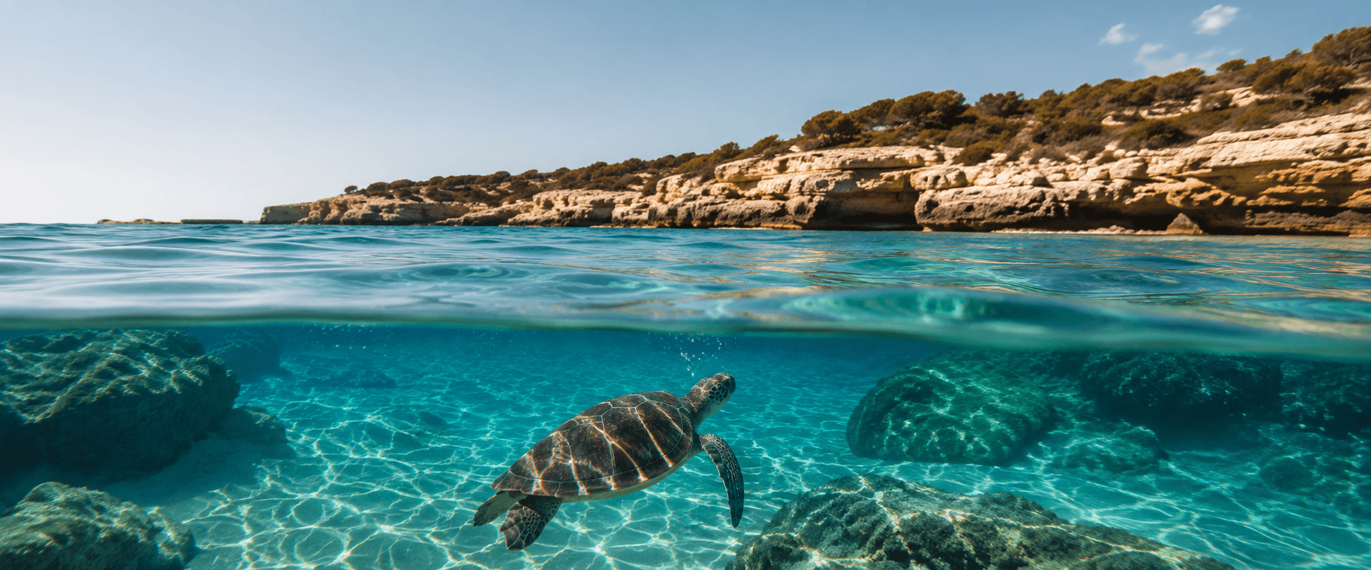 Tortuga marina nadando en aguas cristalinas de Formentera durante una inmersiu00f3n guiada