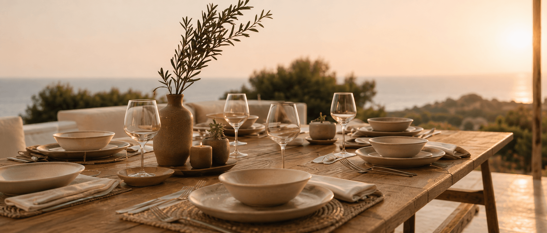 Mesa puesta al atardecer para una cena de chef privado en Casa Barrett, Formentera
