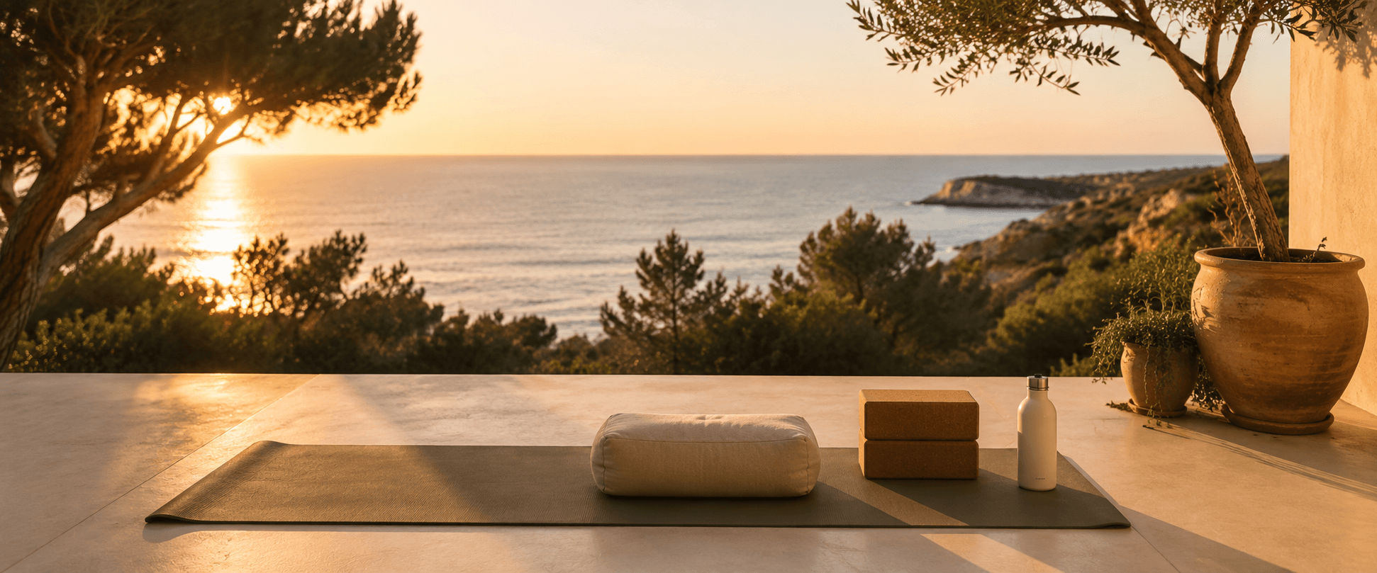 Esterilla y accesorios de yoga en terraza frente al mar al amanecer