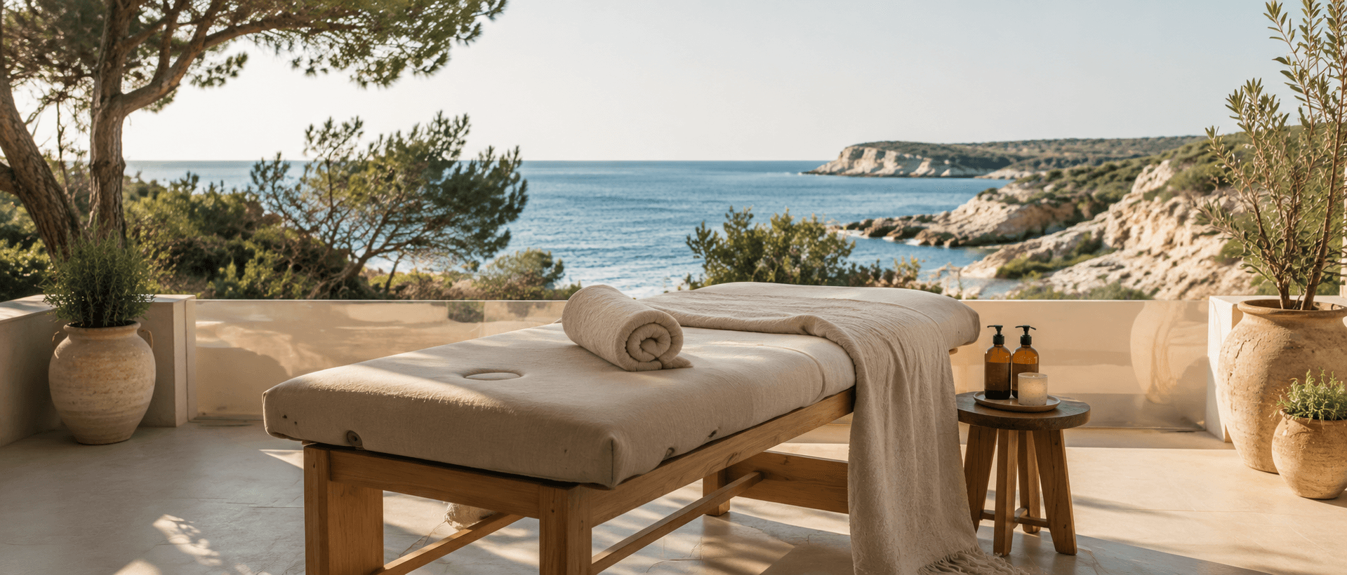 Camilla de masaje en terraza con vistas al mar Mediterru00e1neo